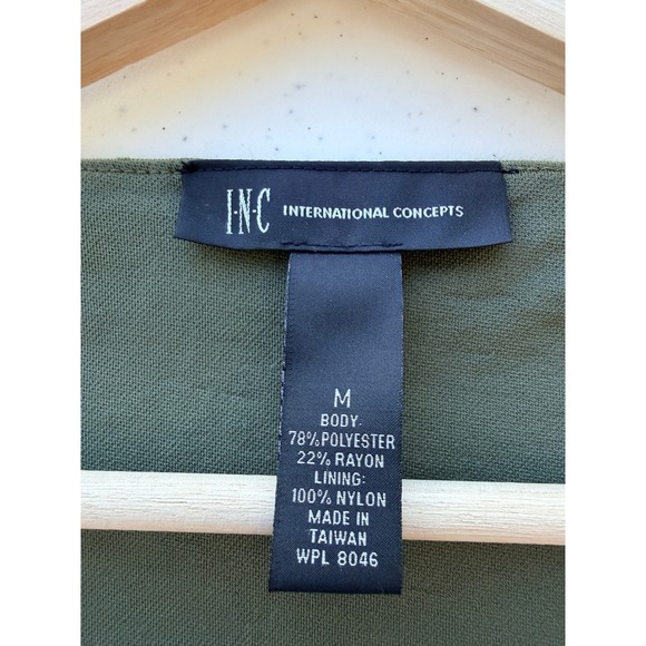 INC Ruched Camo Dress M Utility Chic Olive Green Beaded Cowl Neck Midi Dress - Picture 4 of 8